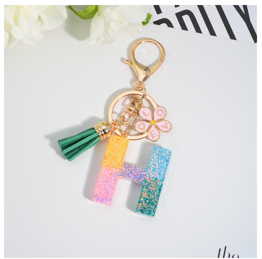 Fashion 26 Letter Resin Keychain A-Z Round Sequins Filled Alphabet Flower Pendant Keyring with Tassel Bag Ornament Accessories H