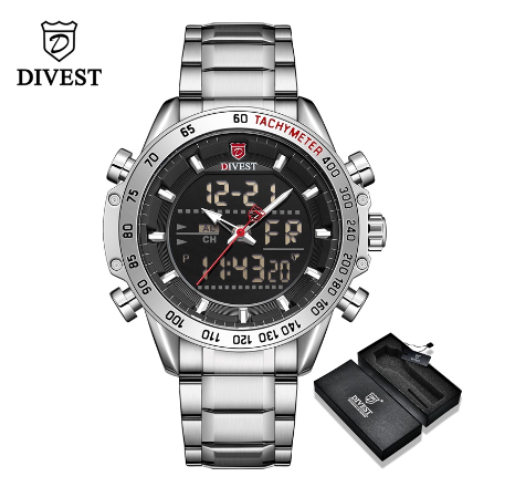 DIVEST Top Brand Luxury Men's Watches Digital Fashion Chrono Sport Casual Clock Waterproof Military Watch Men Original SILVER BLACK