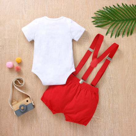 BCBL Baby Boy Clothes Set First Birthday Red Suspender Pants Plus Romper 1 Year Old 2 Pcs. Suit