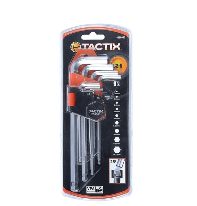 Tactix ME206005 Ball Pein Hex Key Metric Set 9-Pc (Chrome)