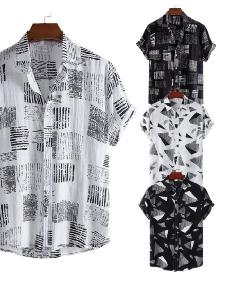 Men's Black & White Short Sleeve Casual Loose Graphic Printed Shirt Button Up Lapel Checkered Shirt Plus Size