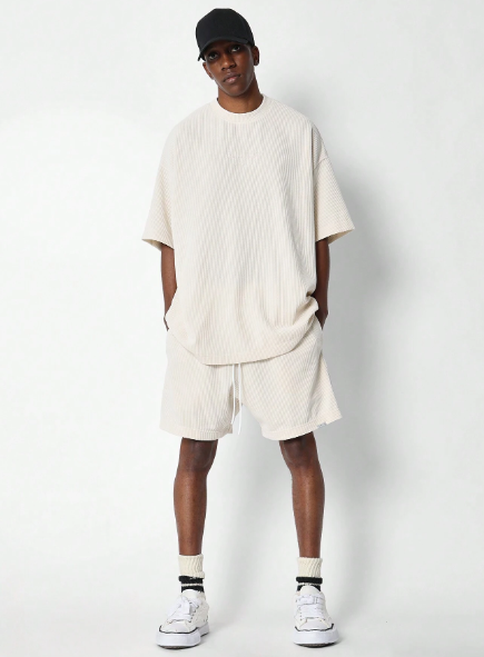 SUMWON Oversized Fit Ribbed Tee And Short With Embroidery Print 2 Piece Set