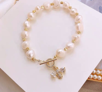 18K Gold Plated Bee Flower Natural Freshwater Pearl Bracelet Jewelry
