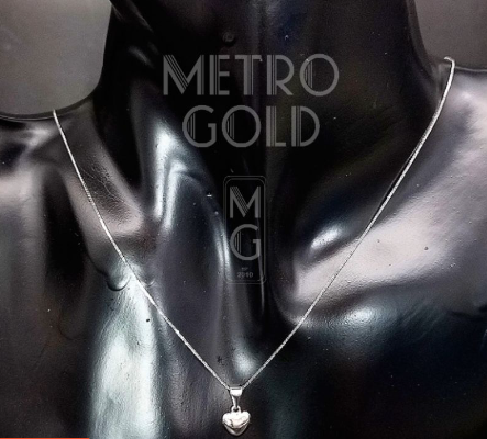 18K Saudi WHITE Gold Shiny Heart Pendant with Foxtail Chain Necklace