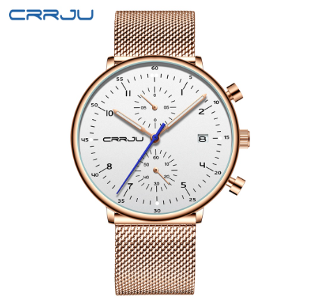 CRRJU Men's Watch Top Brand Luminous Casual Sports Analog Quartz Stainless Steel Waterproof 2278 X GOLD WHITE
