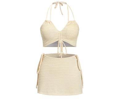 Casual Plain Drawstring Lace Up Textured Fabric Shirring Bikini Set for Women L50AD003 Apricot