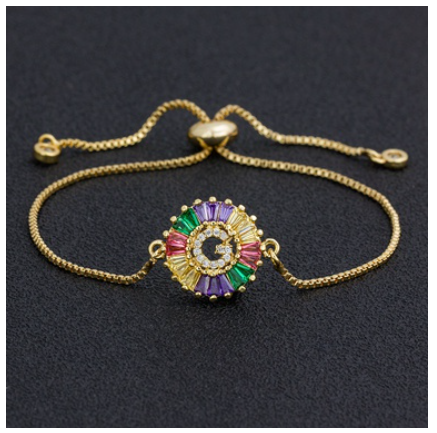 New Fashion A-Z Initial Colorful Cubic Zircon Letter Bracelets Adjustable Chain Rainbow Jewelry G