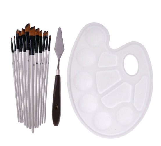 12Pcs Artist Acrylic Watercolor Oil Painting Brushes + Color Mixing Cutter