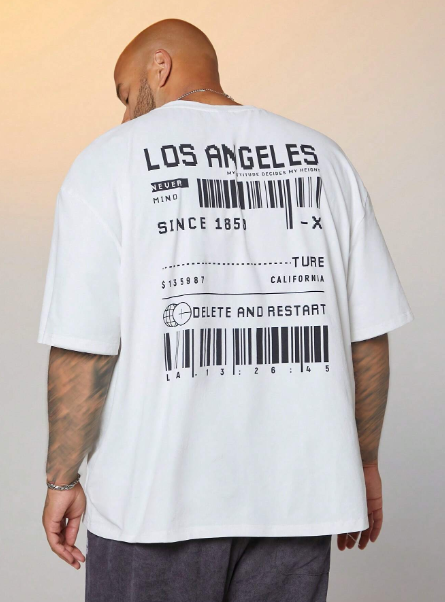 Manfinity CozeMod Men's Plus Size Knitted Casual QR Code Printed Loose Drop Shoulder Round Neck Short Sleeve T-Shirt For Summer