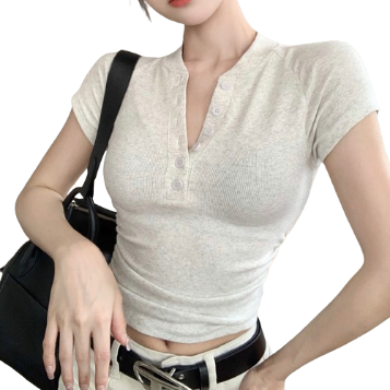 Lovito Casual Plain Button Front T-Shirt for Women LNE16183 (Light Grey)