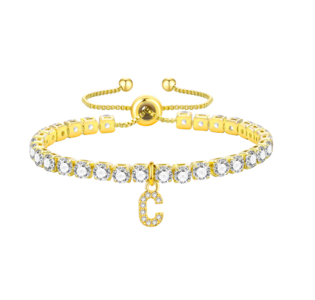 Vnox Cubic Zircon Letter Bracelet for Women Girl,18K Gold Handmade Initial Tennis Shiny Wedding Chain Link Jewelry Gift C