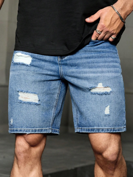 Manfinity LEGND Men Summer Slant Pocket Washed Ripped Denim Shorts