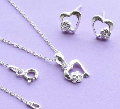 Italy Sterling Silver Heart Stud Earring and Pendant with Chain