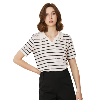 Lovito Casual Striped Contrast Collar Lapel T-Shirts L22AD033 (Off White)