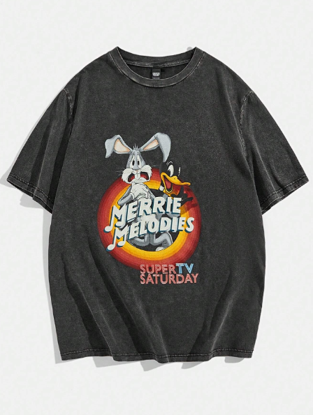 LOONEY TUNES X SHEIN Men Casual Letter And Cartoon Printed Short Sleeve T-Shirt For Summer