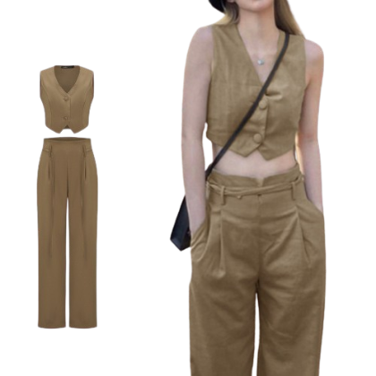 Lovito Women Lace Up Button Front Pocket Pants Sets L58Ad111 (Khaki)