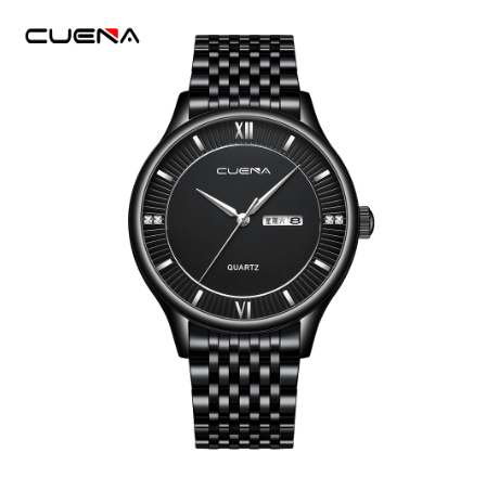 Original CUENA Men's Watches Fashion Brand Simple Retro Dial Stainless Steel Quartz Analog Waterproof  Watch BLACK SILVER