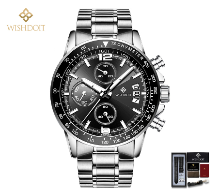 WISHDOIT Watch For Men Original Waterproof Stainless Steel Silver Metal Wristwatch Multifunction Calendar Luminous Watch SILVER BLACK