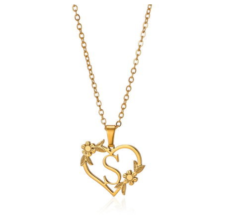 New Personalized Creative Gold Plated Stainless Steel Love Flower Hollow Heart A-Z Letter Necklace Initial Name Pendant Women's S