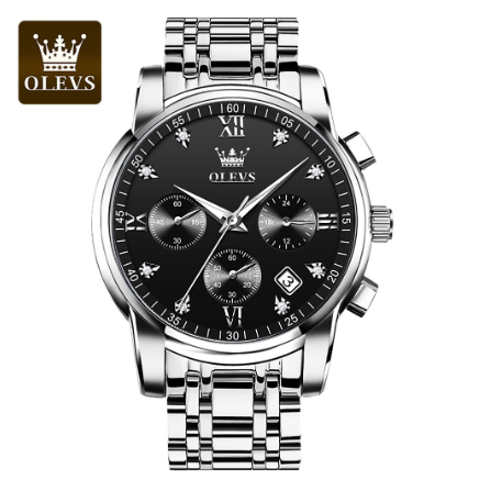 Olevs Watch For Men Quartz Waterproof Multifunction Chronograph Gentleman Stainless Steel Business Watch BLACK DIAL SILVER CASE