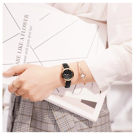 Seno Quartz Watches for Women Wristwatch Waterproof Calendar Stainless Steel Elegant Ladies Watch Female BLACK LEATHER