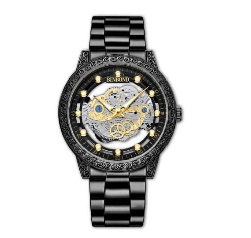 Binbond 100% Original Men's Double Hollow Fashion Stainless Steel Luxury Waterproof Gold Business Quartz Watch M2