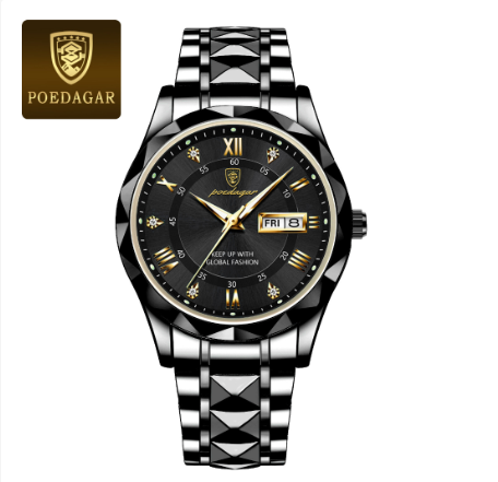POEDAGAR business watch for men water proof original fashion luxury tungsten steel calendar luminous display prismatic diamond dial Watch BLACK