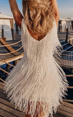 Women Tassel Dress Sleeveless V Neck Backless Dresses Prom Samba Dance Pencil Mini Evening Dress