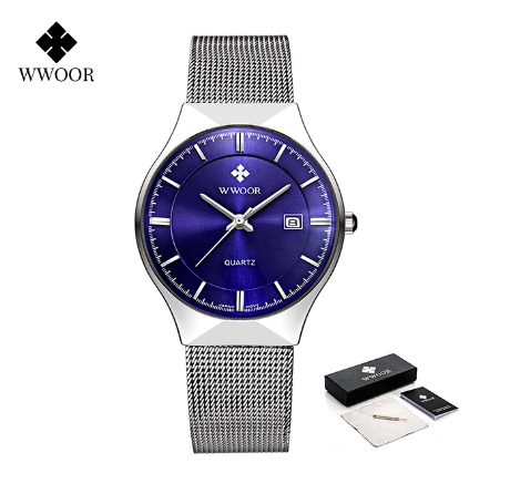 Wwoor Luxury Ultra Thin Men Quartz Wristwatch Waterproof Casual Sports Mesh Steel Gold Automatic Date Watch BLUE DIAL SILVER CASE STRAP