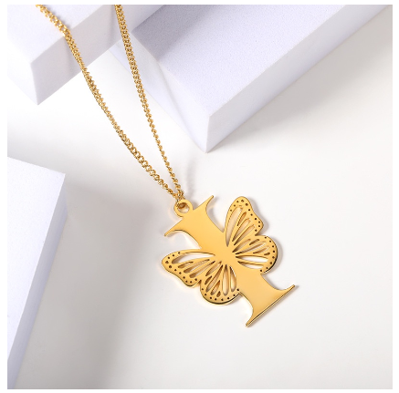 High-quality 18k Gold Plated A-Z Letters Necklace Stainless Steel Butterfly Necklace for Women Men Couple Fashion Jewelry I