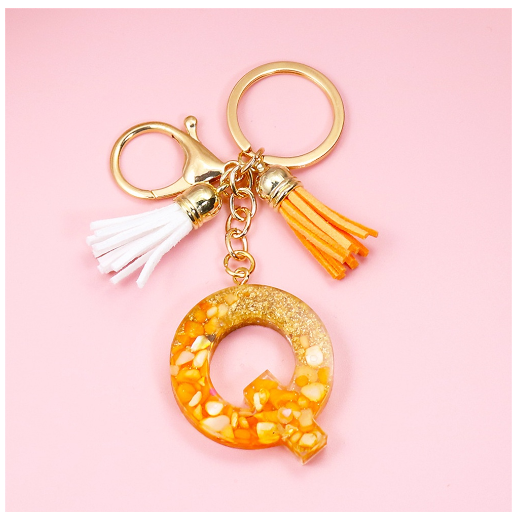 Tassel Gold Foil A-Z 26 Letter Pendent Keychain for Women Orange Resin Keyrings Girls Bag Ornamant Accessories Charms Gifts Q