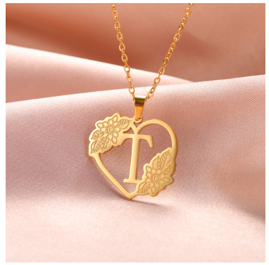 A-Z Initial Flower Necklace Women Stainless Steel Letter Heart Pendant Necklace Choker T