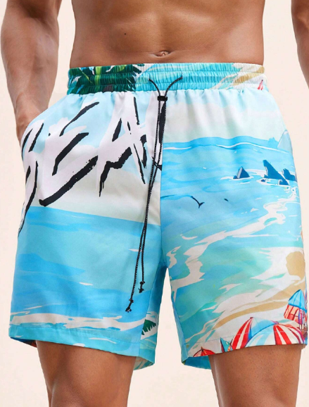 Manfinity VCAY Men Beach Outfits Summer Vacation Woven Casual Surfing Seaside Paysage Graphic Beach Fit Hawaiian Shorts Beachwear