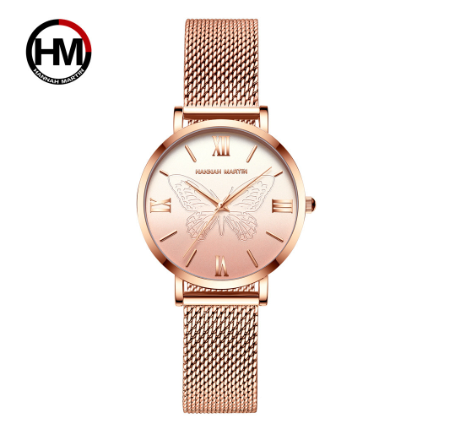 Hannah Martin Women Watches Japan Quartz Movement Watch 3D Butterfly dial Stainless Steel Waterproof Wristwatch ROSEGOLD