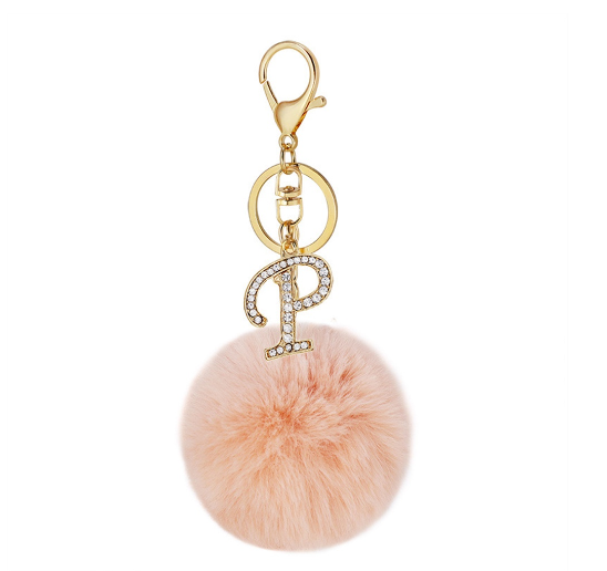 New 26 Letter Rhinestone Alloy Keychain Charm Girls Pink Pompom Key Ring Car Key Holder Women Bag Ornaments Accessories P