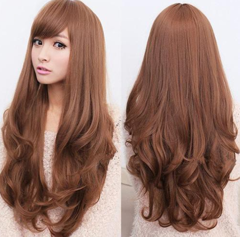 Women Fashion Long Curly Wavy Wig Fluffy Hair With Bangs Hairstyle Realistic Wig