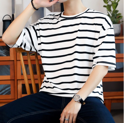 Best seller ! Men's Striped T-Shirt Comfortable Stretch Cotton#001