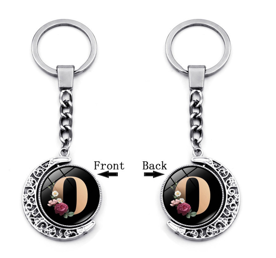 1PC Exquisite 26 Letter Glass Keychains Double Sides Moon Flower A-Z Initials Keyrings Handbag Charms Ornaments Gifts O