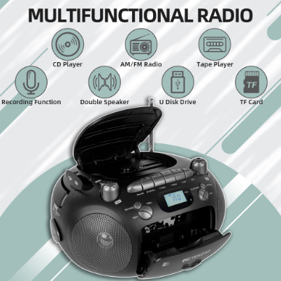 Retekess TR630 Portable AM FM Radio CD USB TF Card Cassette Player Recorder Stereo Sound (Eu Version)