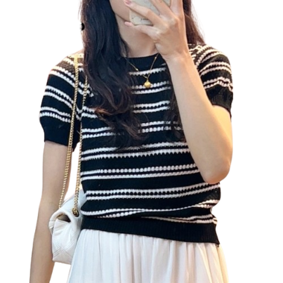 Lovito Casual Striped Striped Round Neck Knit Top for Women LNE13021 (Apricot/Black)