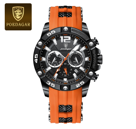 POEDAGAR sports watch for men waterproof original fashion silicone multifunctional chronograph watch luminous calendar display Watch ORANGE