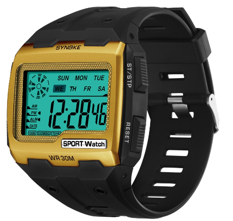 SYNOKE Men Watch Big Square Dial Alarm Week Resistant Repeater Chronograph Multifunction Digital Sport Watch GOLD