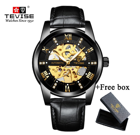 TEVISE Original Watch for Men Automatic Waterproof watch relo Gold Skeleton Luxury Stainless Steel Steel leather strap Luminous 9005A 4