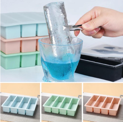 Long Ice Cube Tray 4 Grids Reusable Silicone Ice Cube Mold BPA Free Ice Maker Food Grade Silicone Ice Cubes Mold with Lid