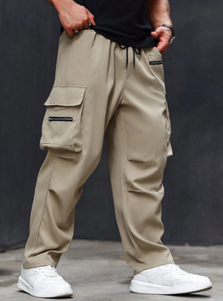 Manfinity Homme Men Plus Size Solid Color Drawstring Waist Wide Legged Casual Cargo Pants Straight Leg Long Plain Khaki Going Out