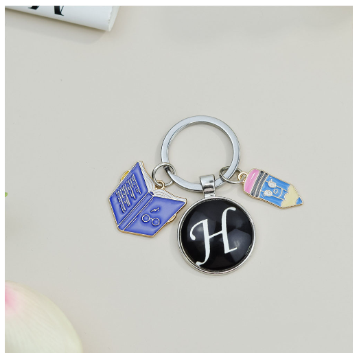 1Pcs Simple Glass 26 Letter Keychains Fashion Book Pencil A-Z Initials Keyrings Student Gifts Souvenir Handbag Pendant Ornament H