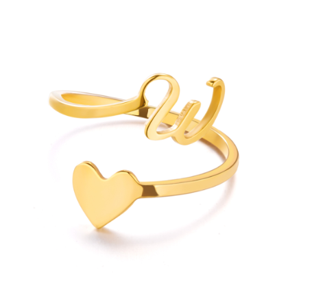 Gold Stainless Steel A-Z Rings Initial Letters Heart Rings Women Fashion Non Fading Jewelry Adjustable W