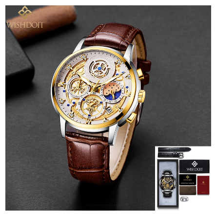 WISHDOIT Watch for Men Original Waterproof Stainless Steel Multifunction Chronograph Calendar Luminous Business Fashion Watch  BROWN A