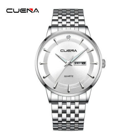 Men's Watches CUENA Brand Fashion Simple Unique Style Stainless Steel Quartz Analog Waterproof SILVER WHITE