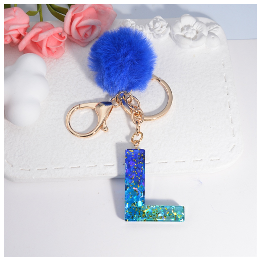 Exquisite Blue Pompom A-Z 26 Letter Keychain Glitter Heart Sequin Filled Initials Keyrings Bag Accessories Charm Car Keyholder L